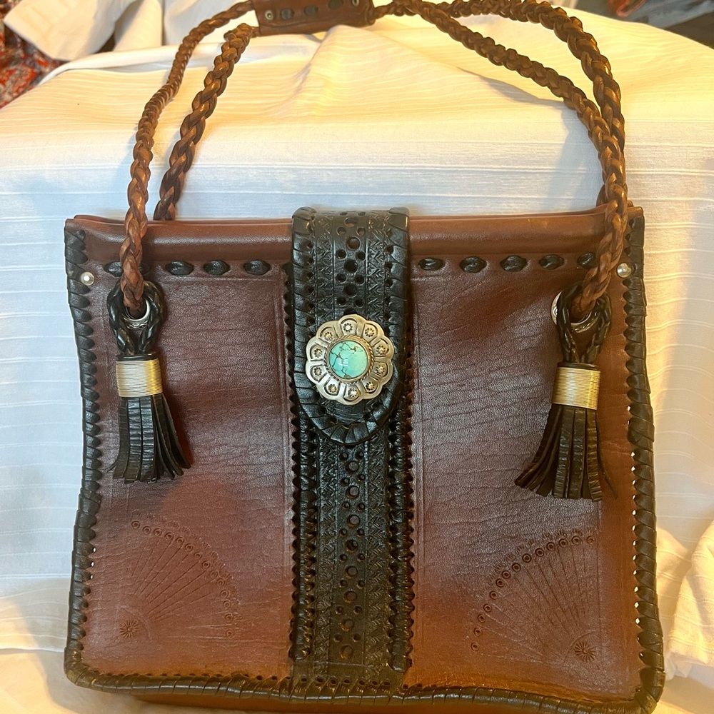 Western Leather Shoulder bag purse, braided leather, tassel & turquoise concho